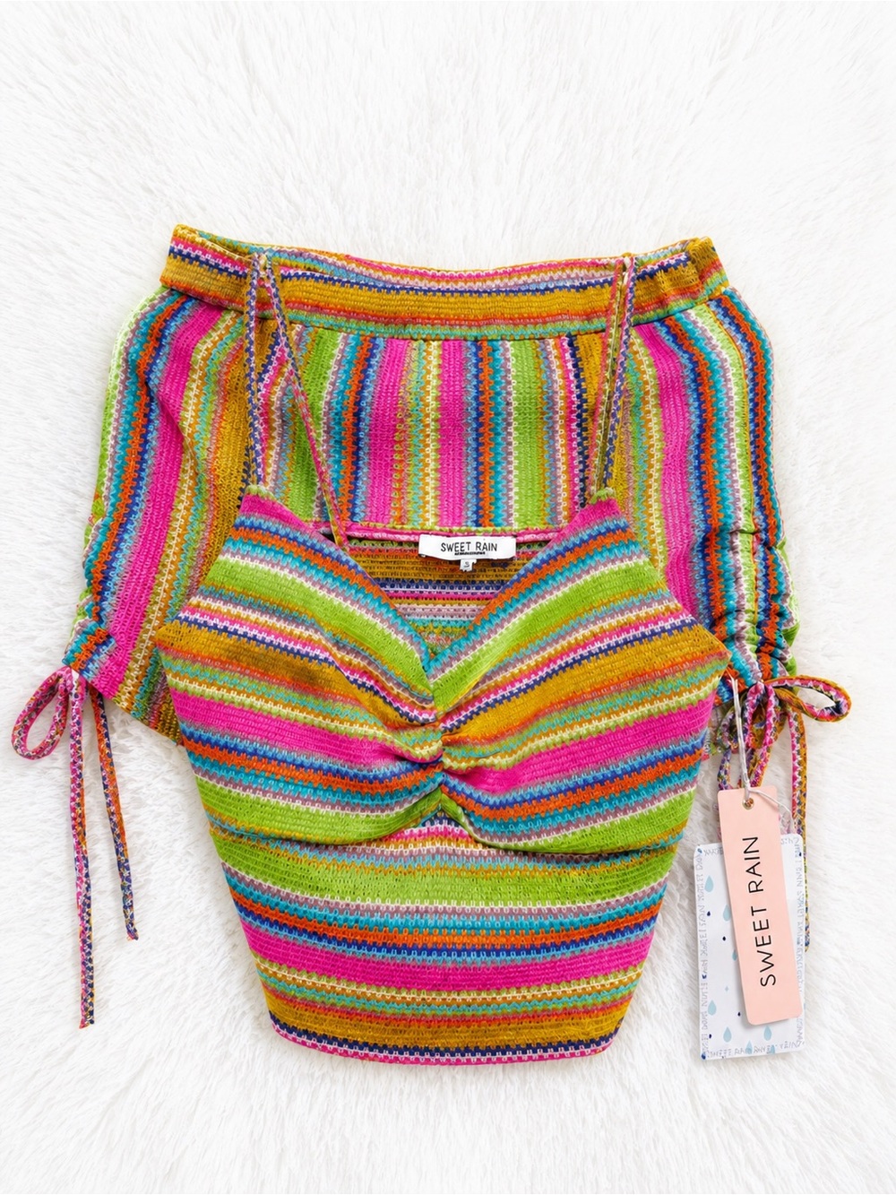 Sweet Rain Girls' Multicolor Striped Knit Skort Set - Green, Pink, Blue, Yellow